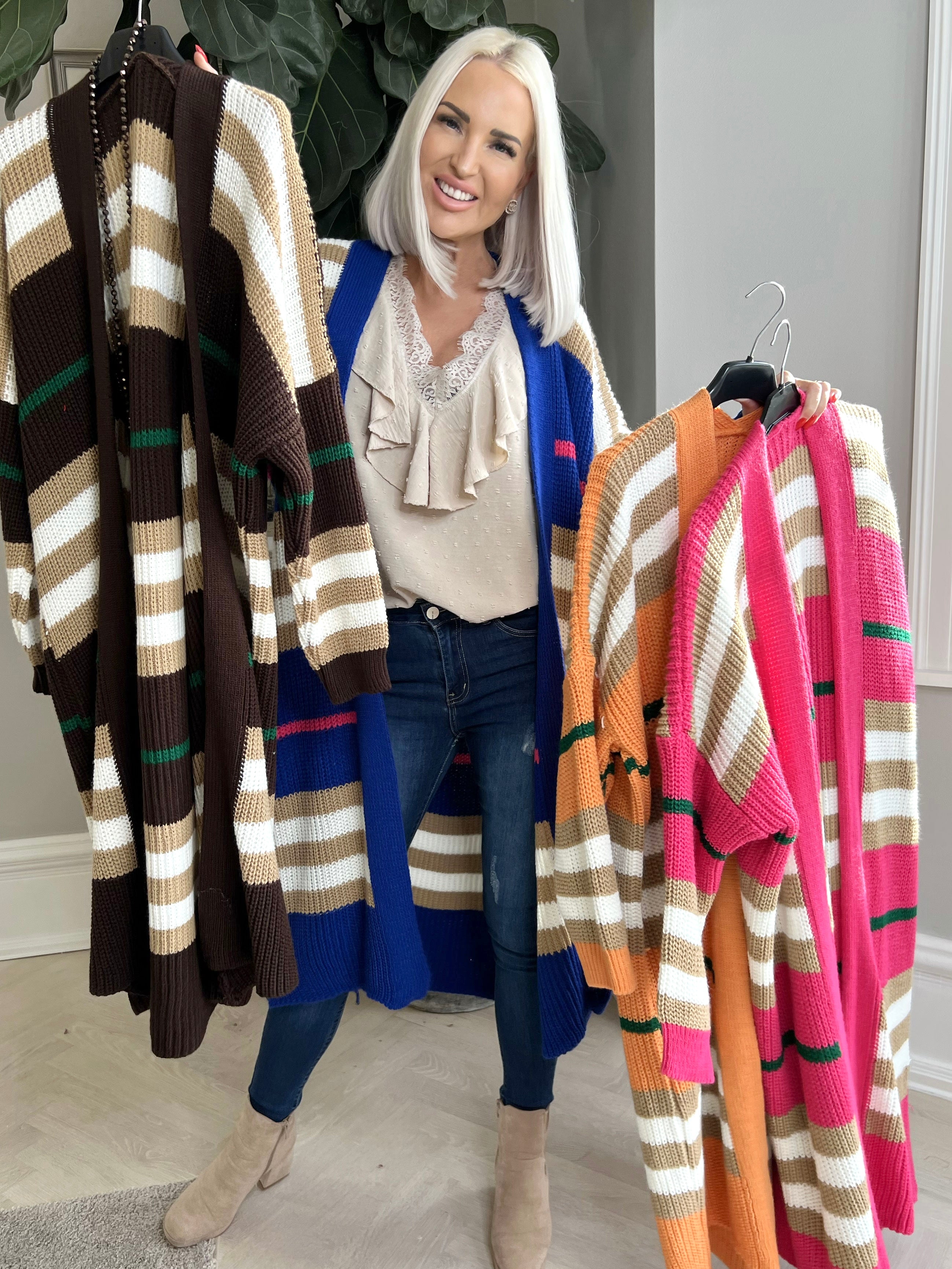 Mikla - Lång randig plus size kofta i stickad